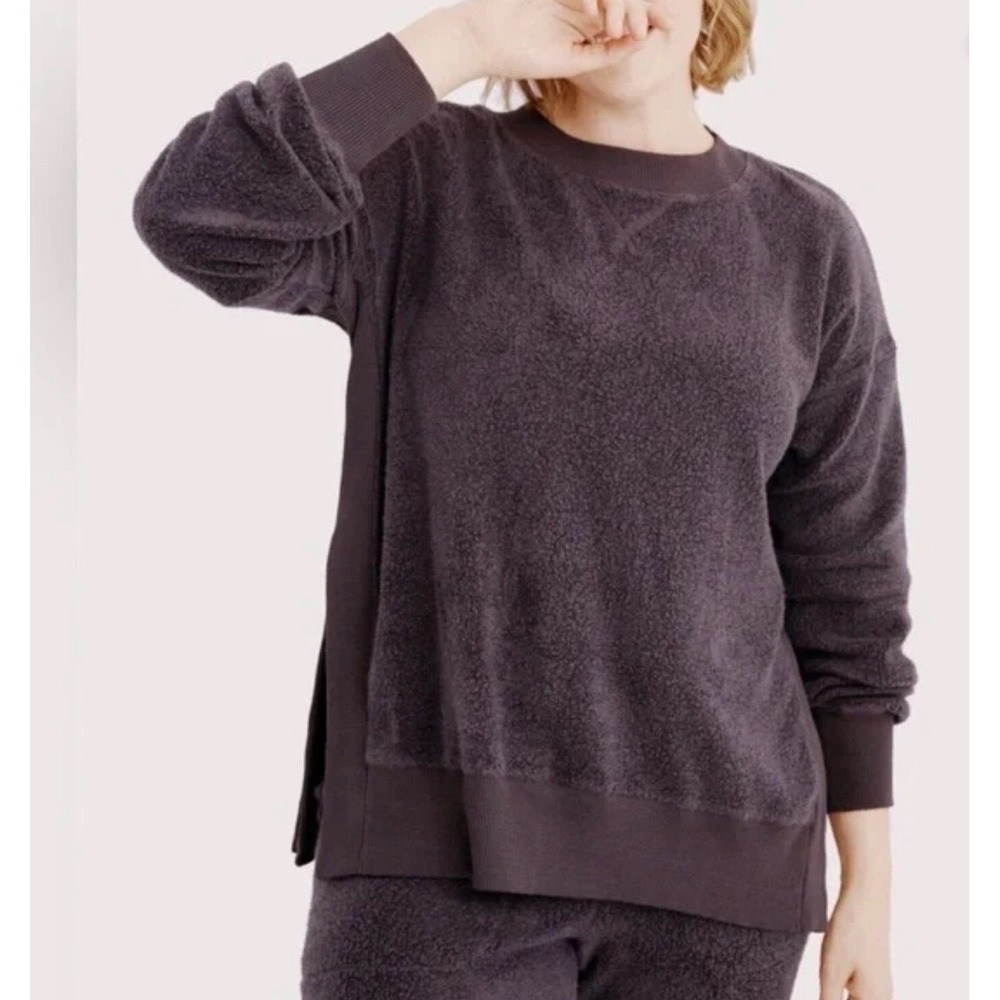 Aerie Chilled Out Fleece Sweatshirt Charcoal Gray XS Crew Neck Ribbed Trim cozy